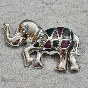 ELEPHANT Enamel Mosaic Pin Broach Trunk Up For Luck Purple-Green KC Silver Tone
